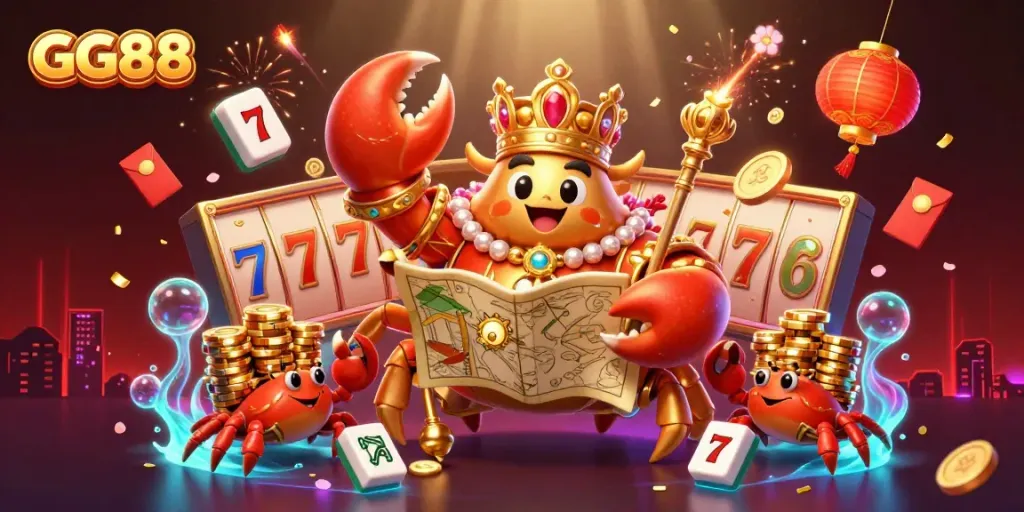 Experience thrilling jackpots with GG88 in a vibrant 3D casino scene featuring a golden crab emperor.