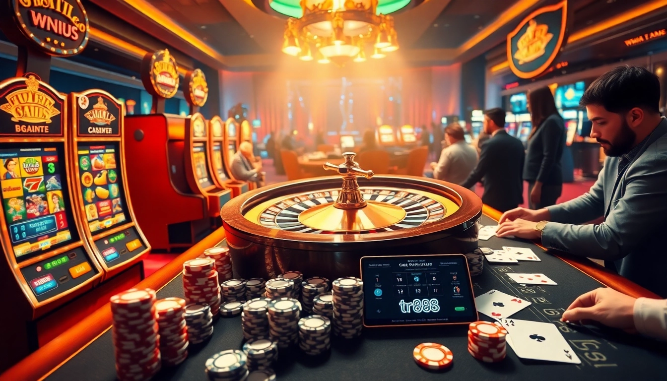 Online gambling excitement at tr 88 with vibrant slot machines and a spinning roulette wheel.