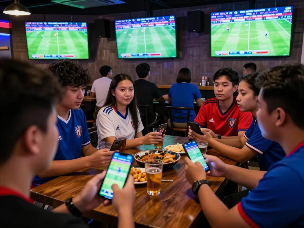Watch live Southeast Asian football matches with excitement and thrilling interactions in a vibrant sports bar.