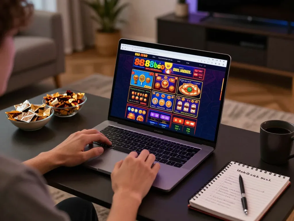 Engaging in online gaming at 888bgo with vibrant slot graphics and strategic planning.