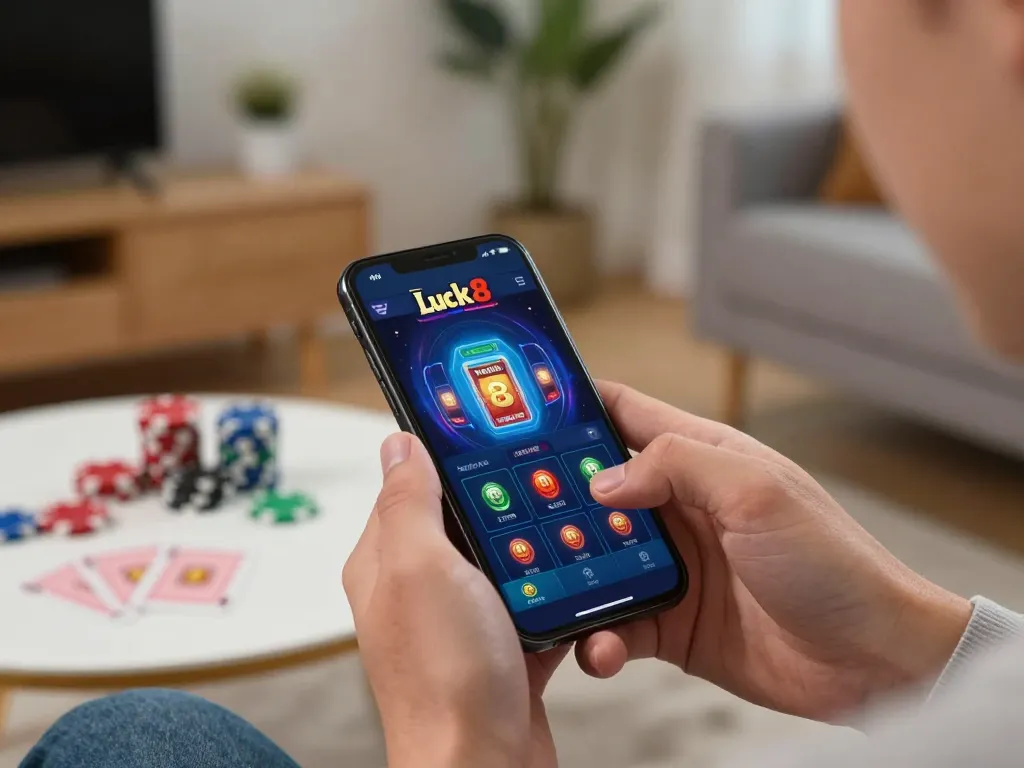 Player experiencing the luck8 online casino app on smartphone while relaxed at home, showcasing strategic gaming.
