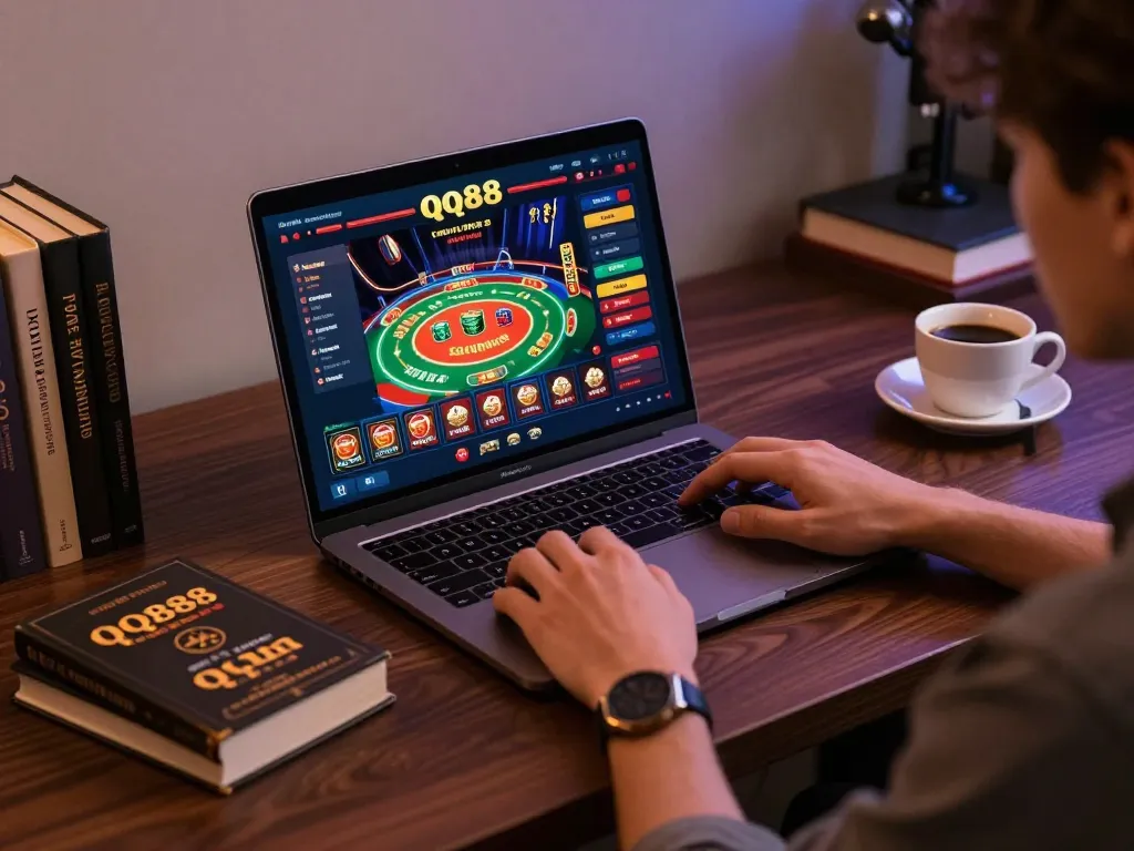 Engaging in qq88 online gaming at an elegant home setup, showcasing a stylish and focused gameplay atmosphere.