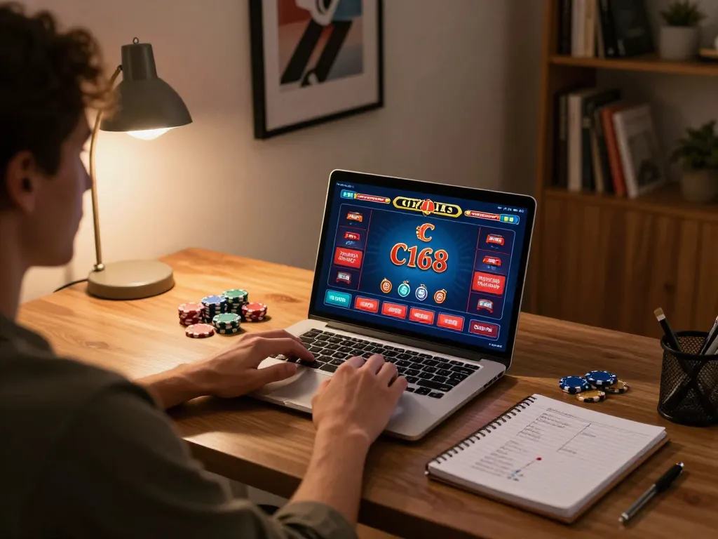 C168 online gaming moment with player analyzing strategies and placing bets in a cozy home setting.