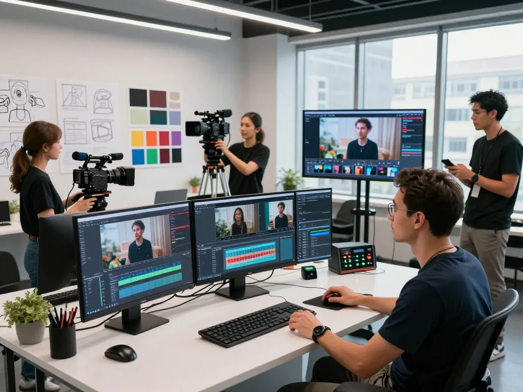 Filmmakers collaborating on Seedance 2.0 AI video production in a modern studio.