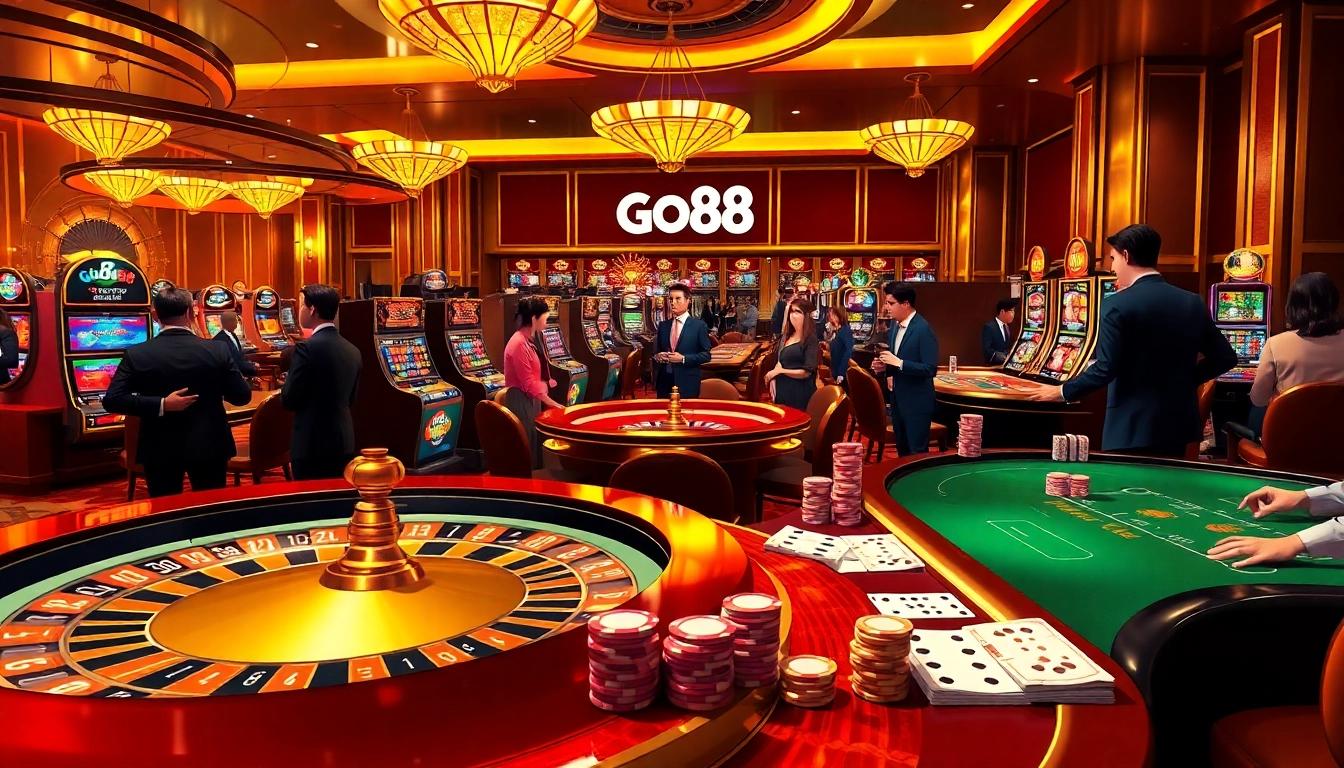 Experience high-stakes excitement with go88 at a lavish casino featuring poker tables and slots.