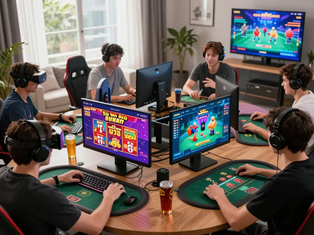Exciting online gaming experience at Sun Win with diverse players, colorful game displays, and vibrant atmosphere.