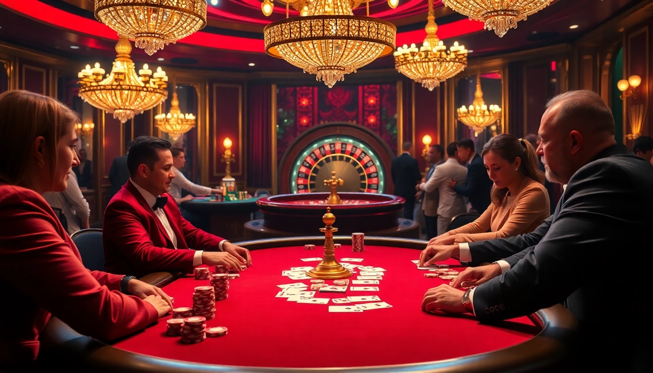 Exciting gaming scene showcasing nhà cái uy tín with a vibrant poker table and roulette wheel.