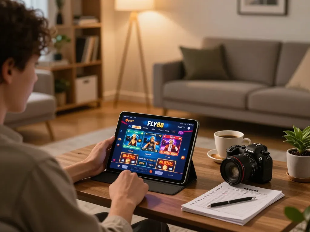 Engaging with the trang chủ fly88 platform on a tablet in a cozy home environment focused on responsible gaming.