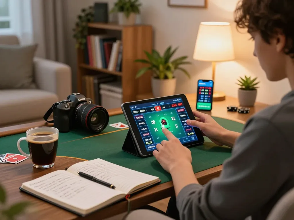 Player enjoying poker on a tablet in a cozy home setup, showcasing phtayab gaming strategies and atmosphere.
