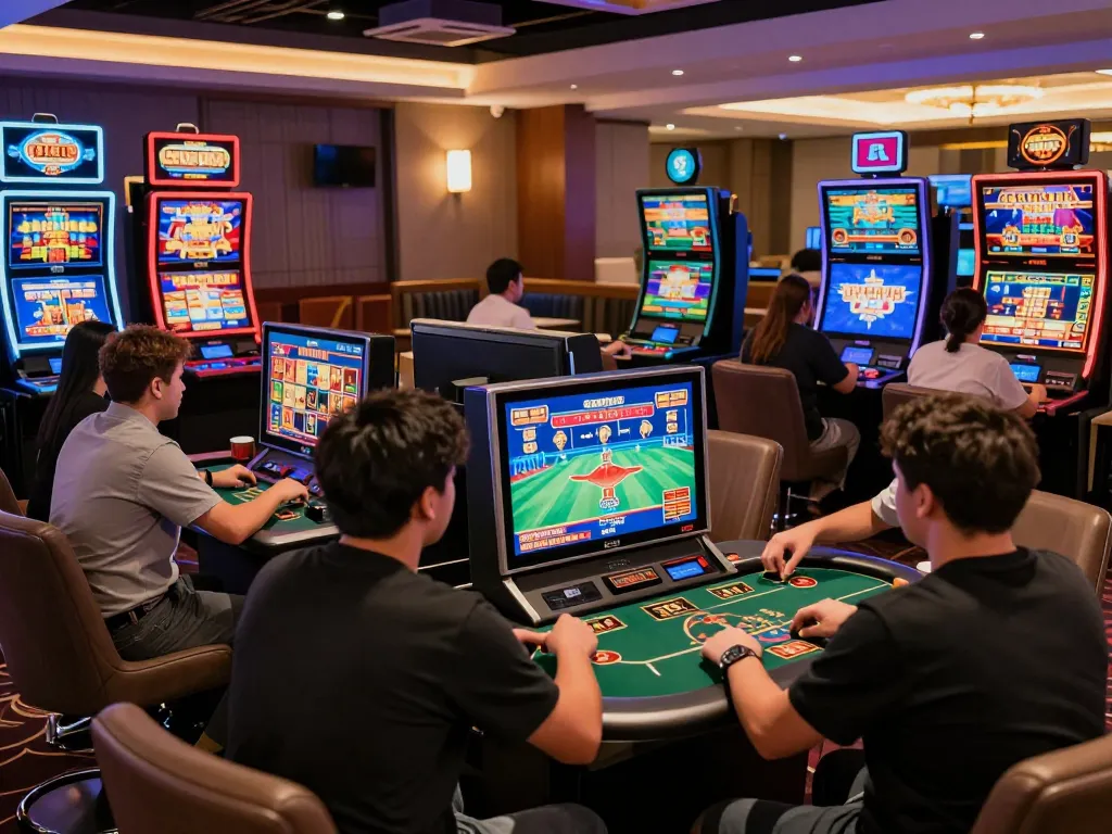 GO 8 players engaging in exciting online gambling experiences within a vibrant virtual casino