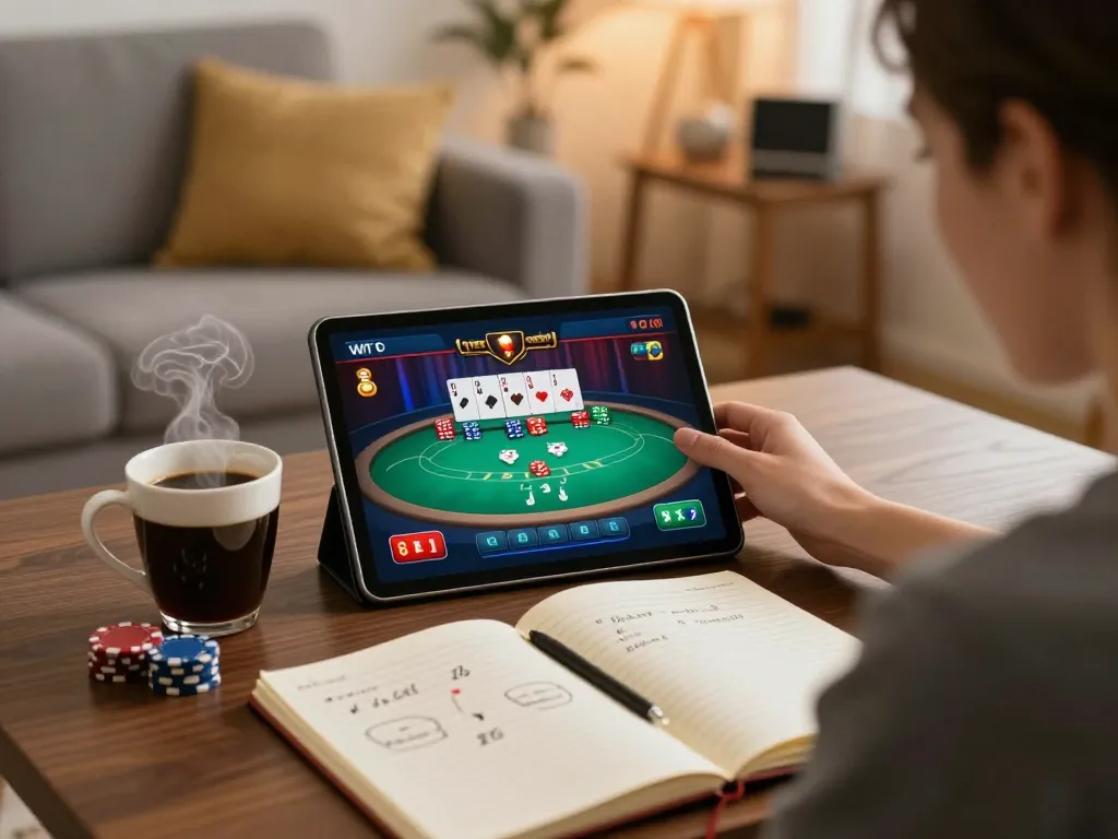 Newbie enjoys playing poker on KP88 tablet, surrounded by strategy notes and cozy lighting.