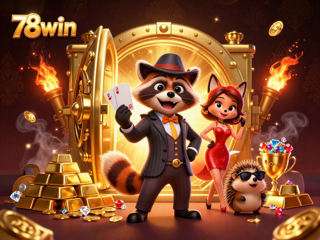 Experience thrilling wins at 78win with a charismatic raccoon and stylish fox in a vibrant casino scene.