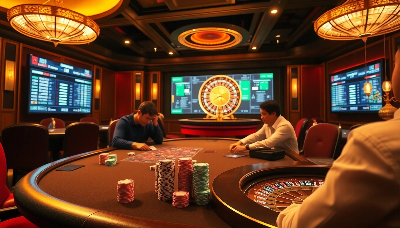 Engaging poker game scene showcasing keonhacai betting odds with luxurious casino ambiance.