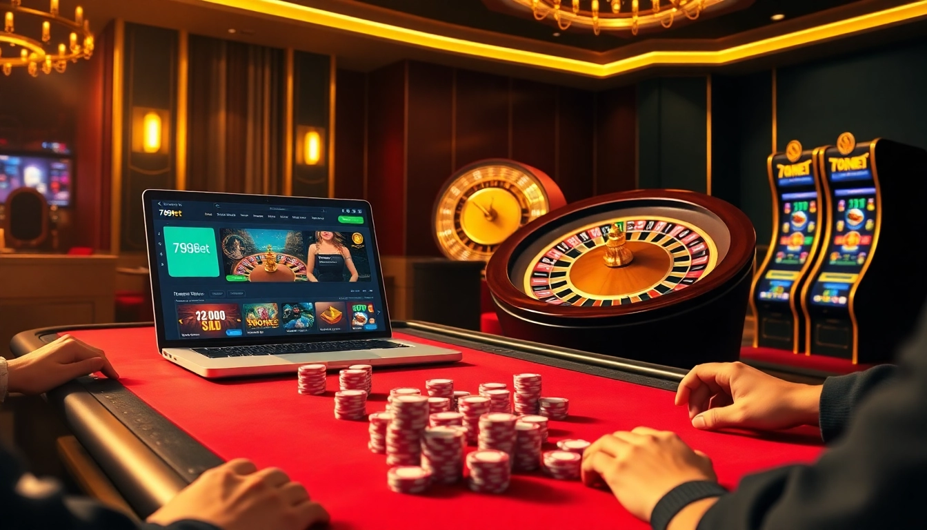 Players enjoying a game at 789bet casino, with poker chips and a digital interface in a luxurious setting.