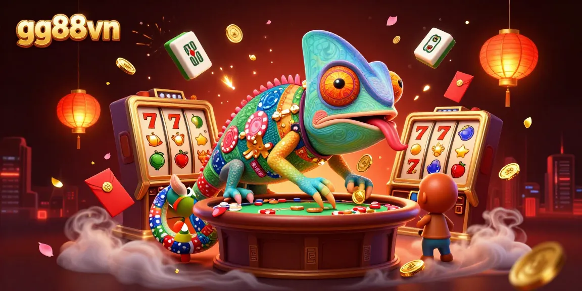 Engage in exciting gameplay at gg88vn with colorful slot reels and a vibrant casino owner character.