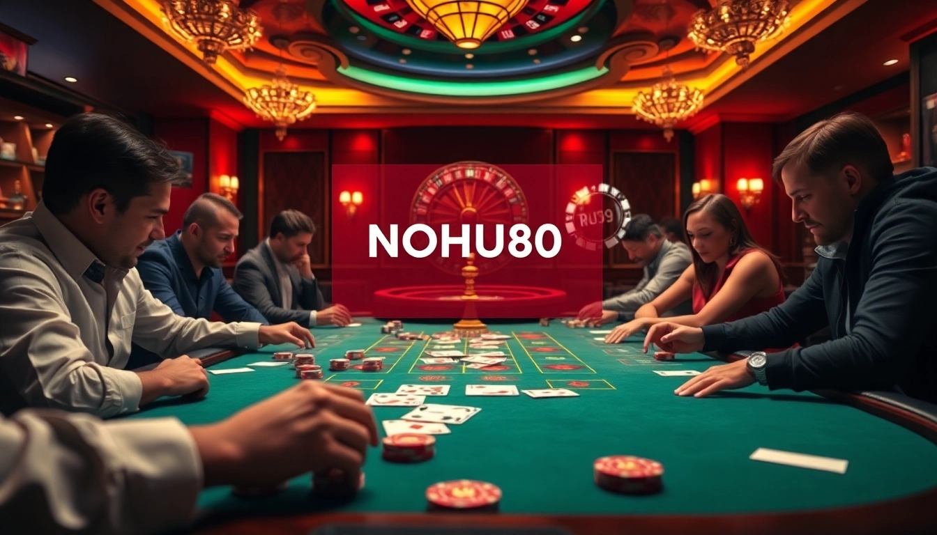 Engaged players enjoying a poker game at a luxurious casino table, showcasing NOHU90 branding.