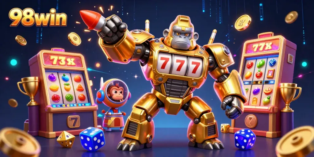 Experience thrilling action with the golden gorilla mech in the vibrant universe of 98win slots.