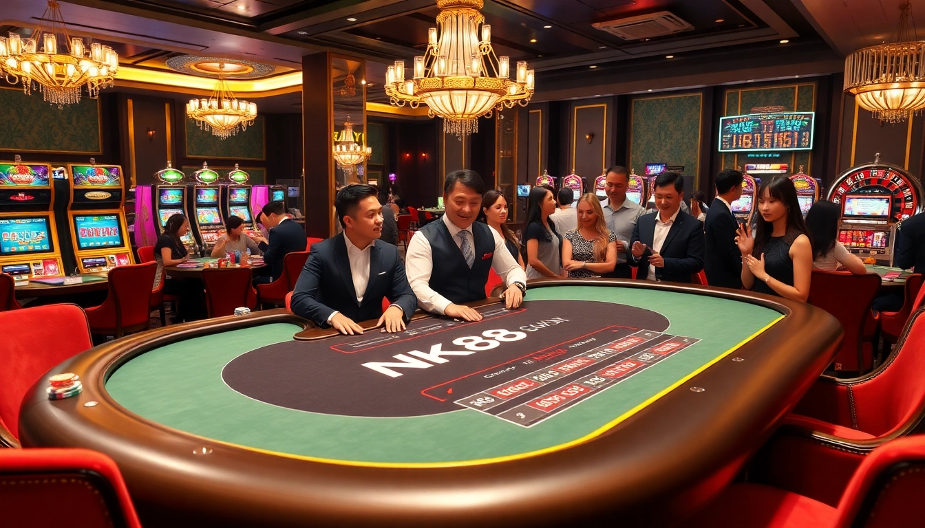 Players enjoying casino games at the NK88-branded table, showcasing excitement and luxury.