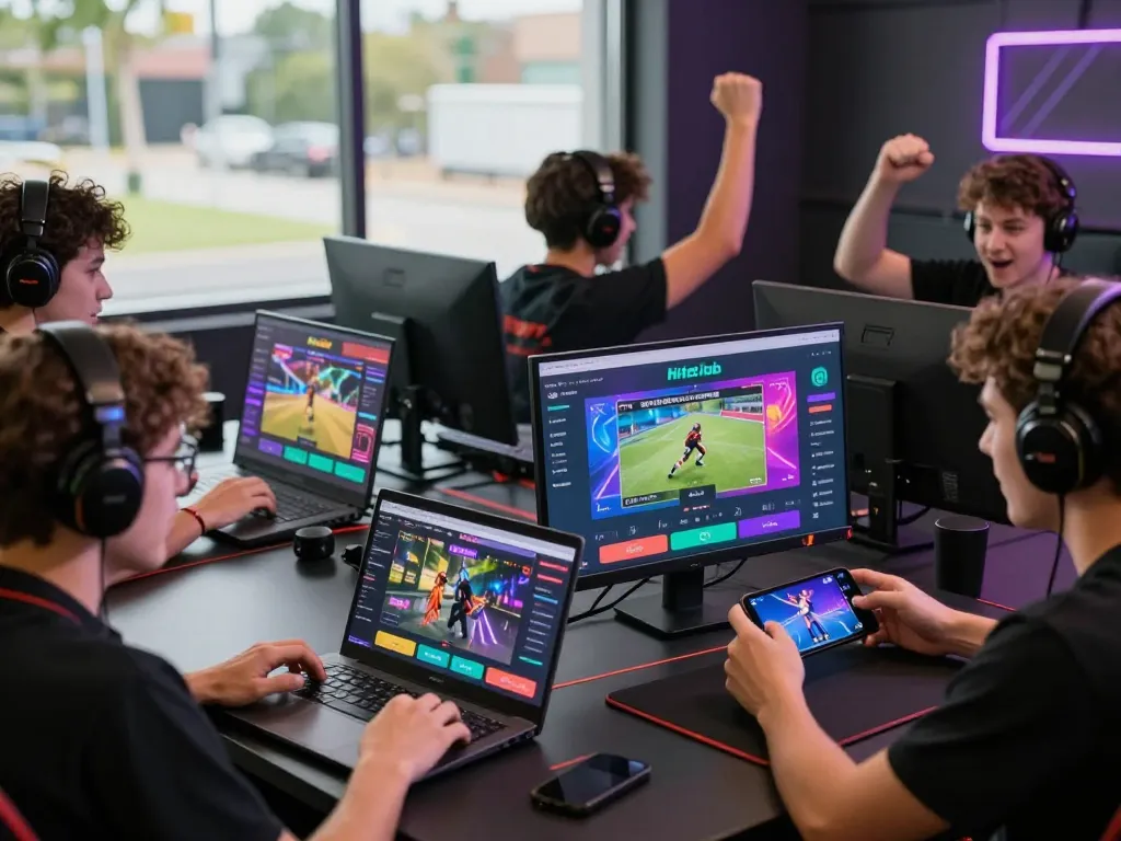 Diverse gamers enjoying Hitclub's thrilling online gaming experience on laptops and mobiles, celebrating their wins.