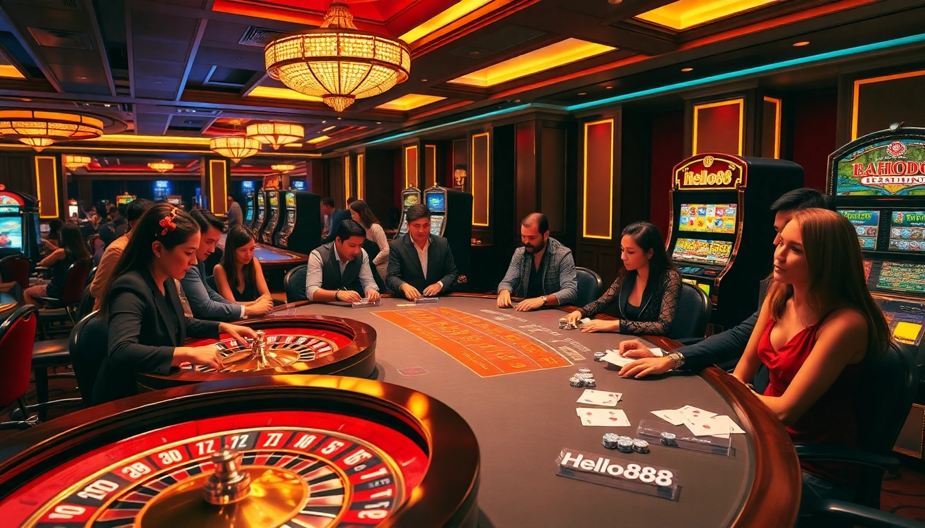 Experience thrilling gameplay at Hello88 amidst a vibrant casino setting with roulette and poker tables.