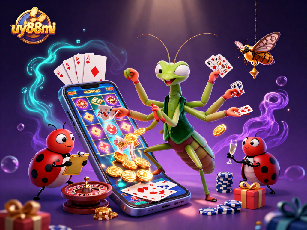 Engage in thrilling gameplay at uy88mi with a vibrant casino scene featuring unique characters and game elements.