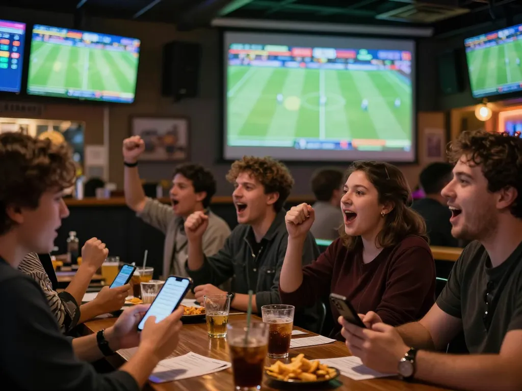 Fans actively placing bets and watching matches at a lively sports bar, showcasing keonhacai excitement in sports betting