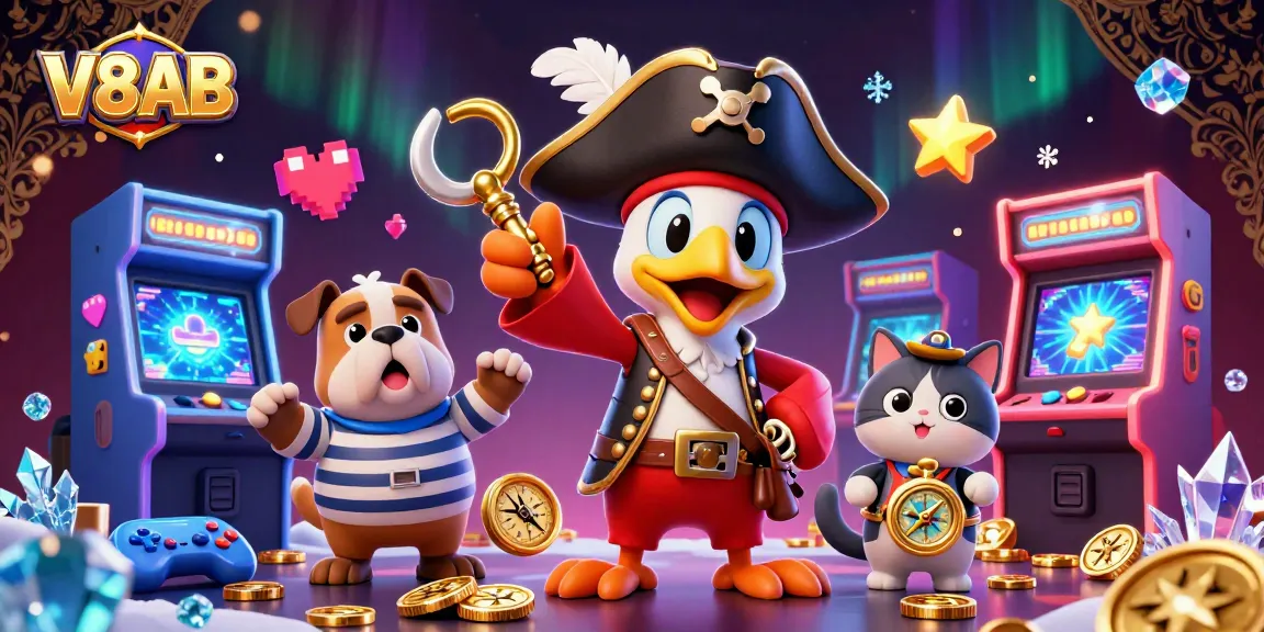 V8AB delivers thrilling gaming experiences with a pirate captain and colorful arcade elements in a rich casino scene.