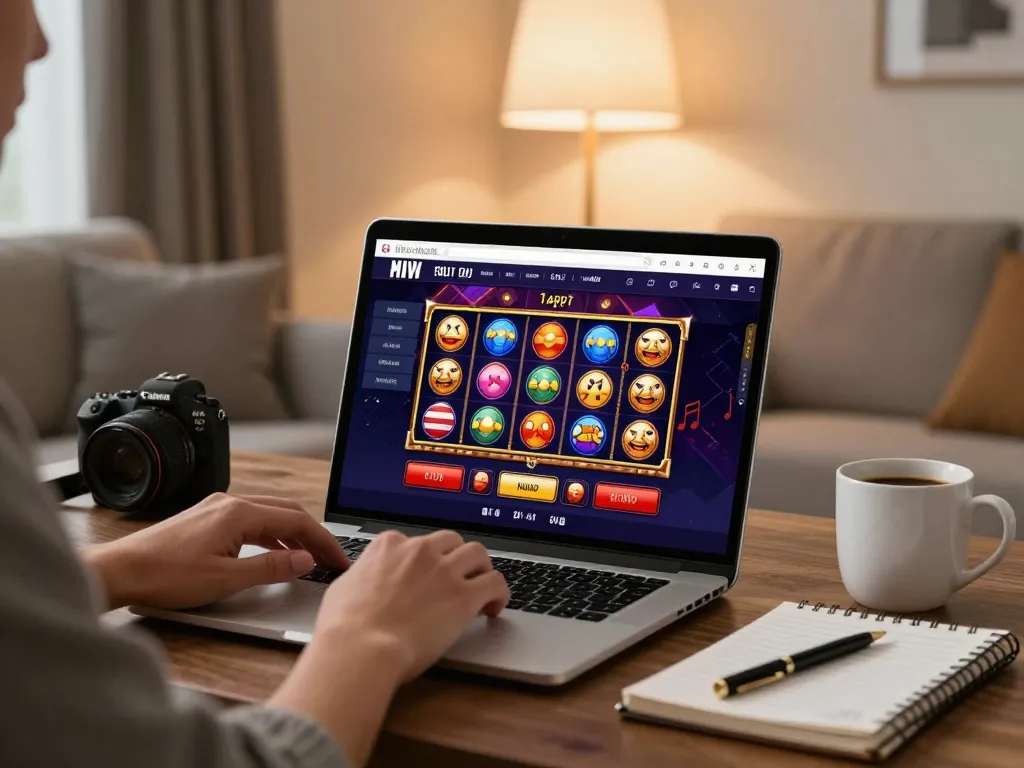 KJC online casino gameplay interface displayed on laptop in a cozy home setting.