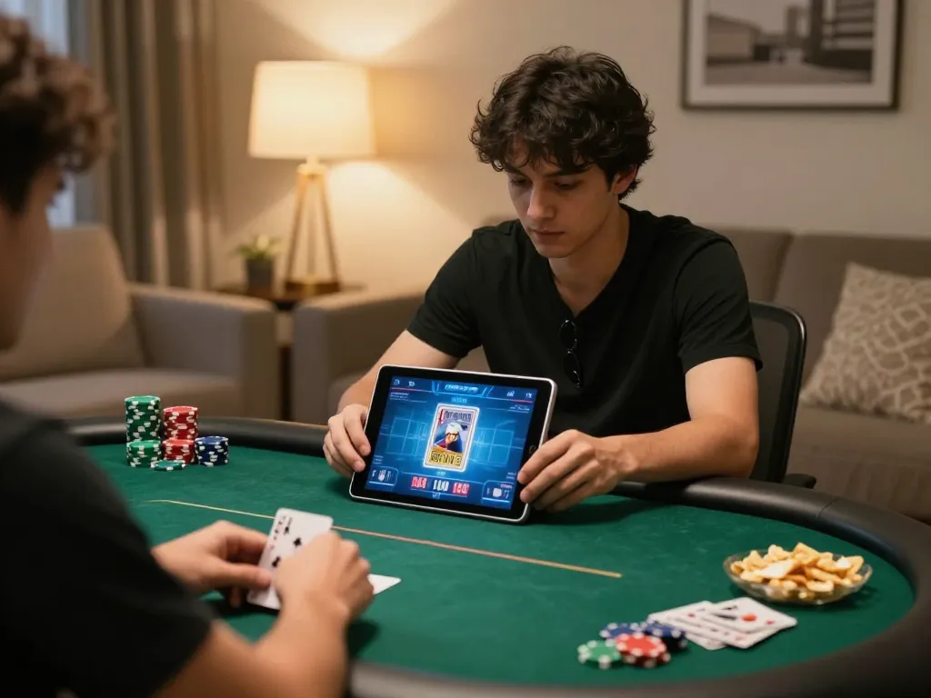 Engaging in Dabet online poker game with focused strategy in a cozy home setting
