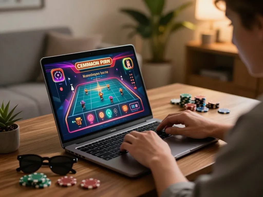 Engaging in online gambling at home, highlighting nhà cái uy tín with vibrant casino on-screen activity