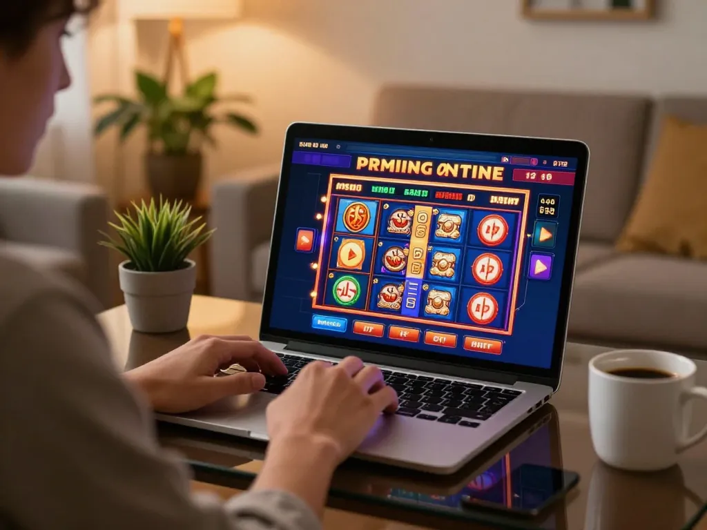 Engaging player enjoying hm88 online slot games in a cozy living room.