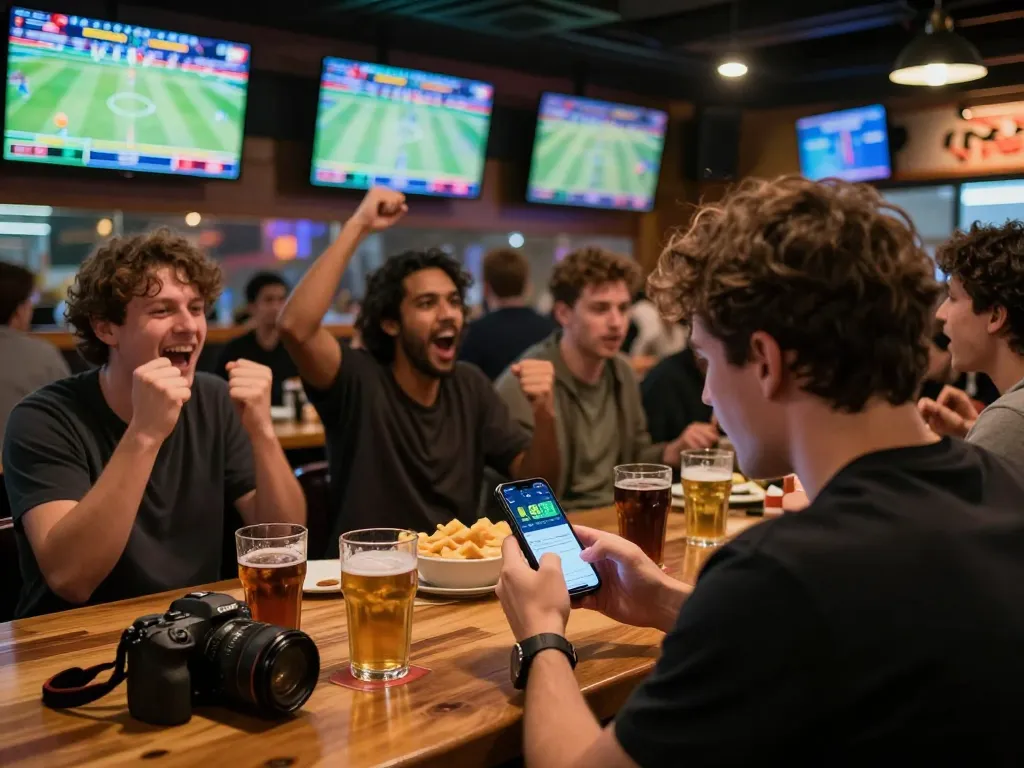 Excited sports betting enthusiast using the LV88 app amidst a vibrant crowd at a sports bar.