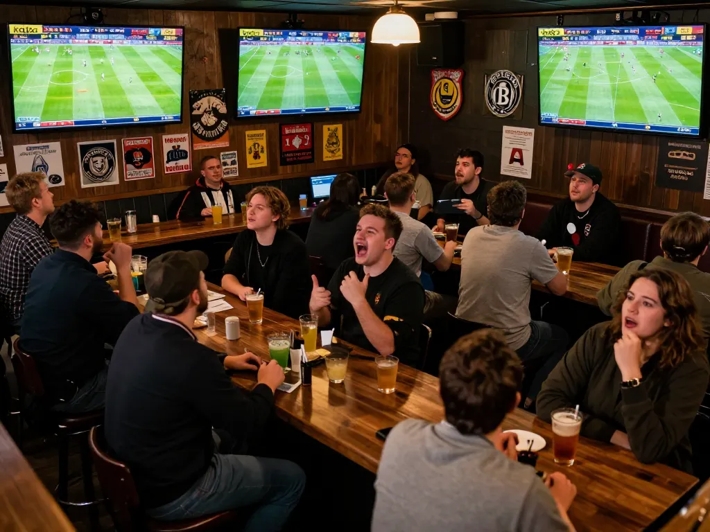 Engaged sports fans follow kqbd results at a lively sports bar, cheering for their teams.