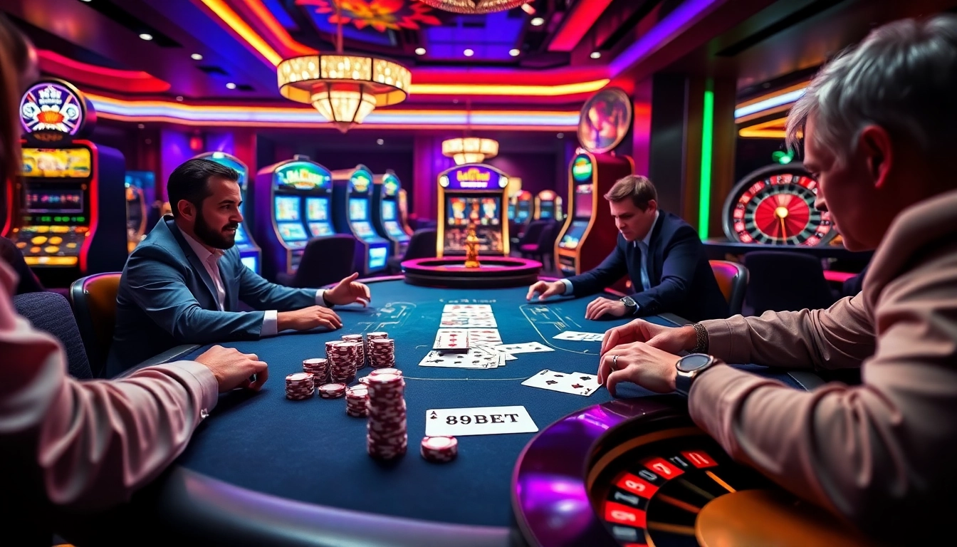 Engaging moment at the casino table with 89BET branding and vibrant gambling elements.