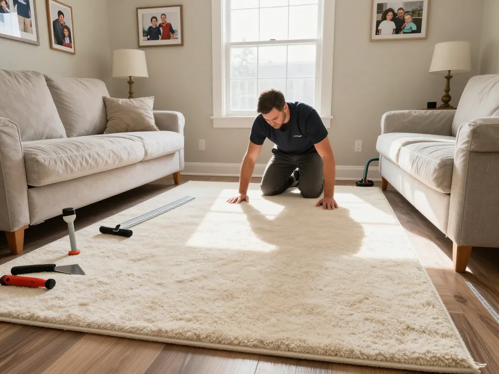 Home carpet fitting services with a technician installing plush carpet in a bright living room.