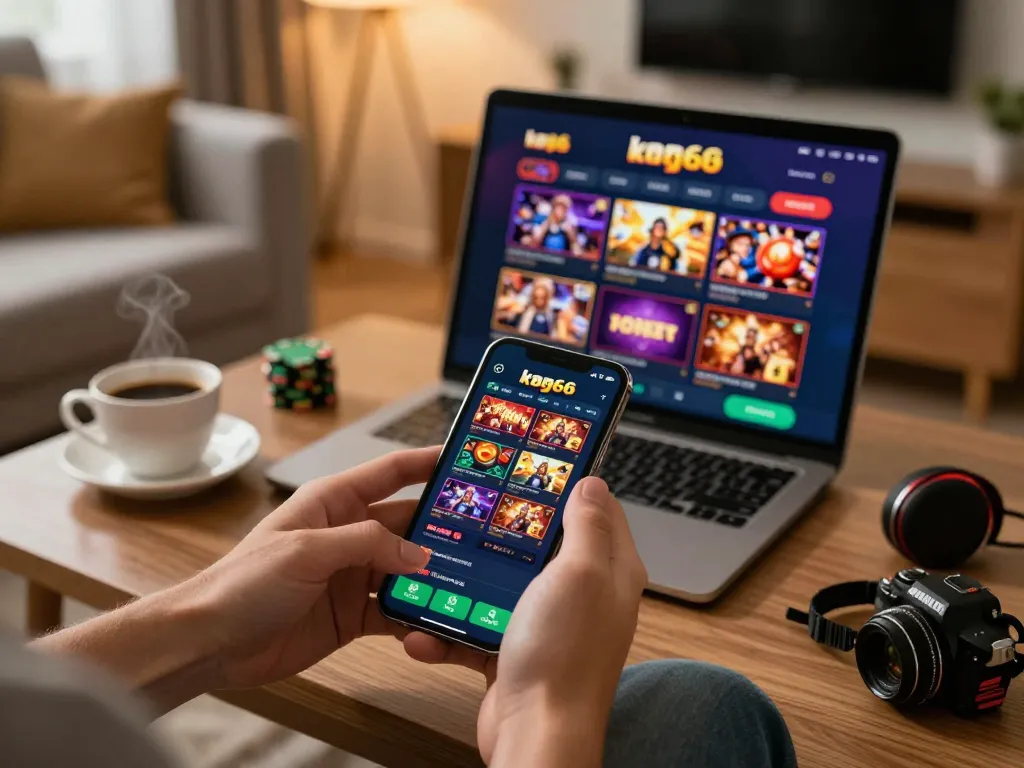 Engaging with the trang chủ ko66 casino app on a smartphone in a cozy home setting, showcasing a comfortable online gambling experience.