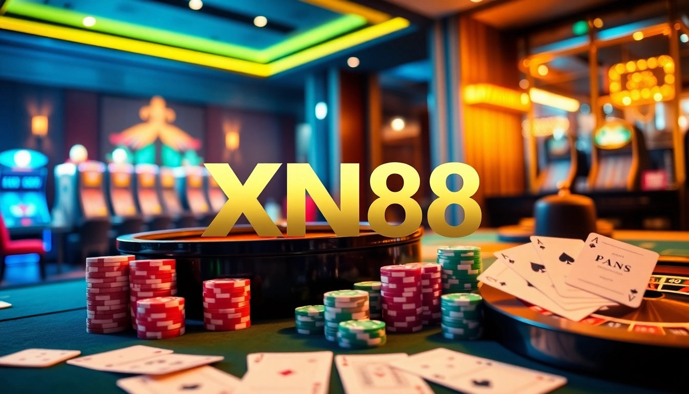 Players enjoying XN88 online casino games with vibrant roulette wheel and poker elements.