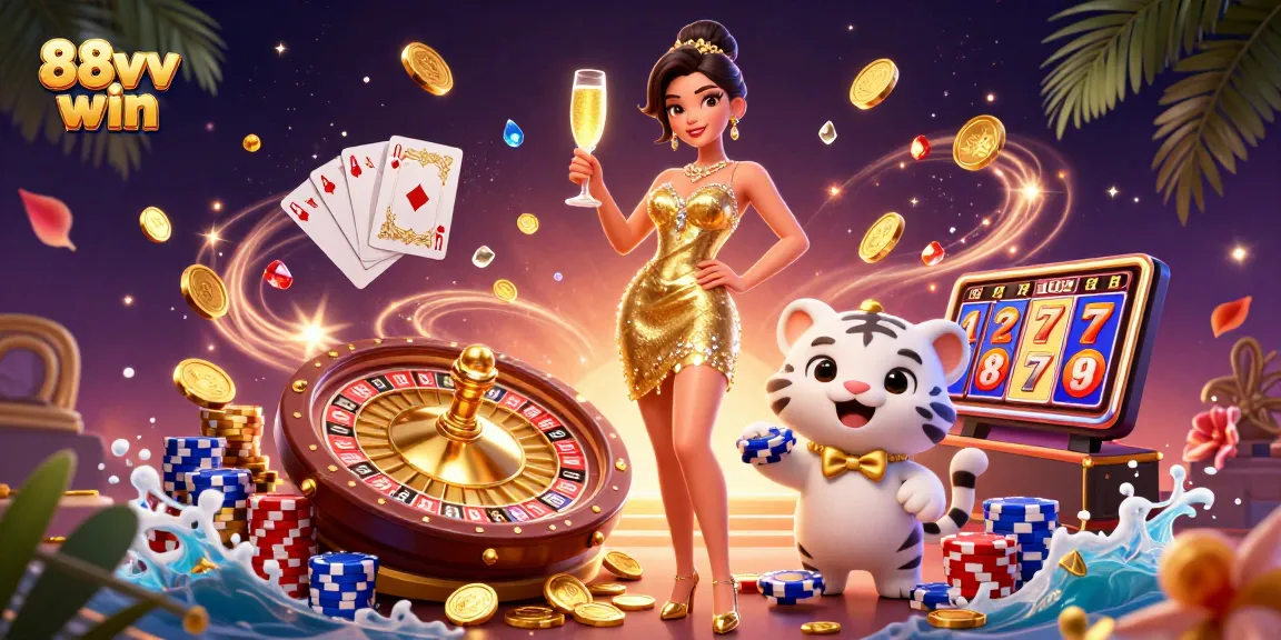 Win big with 88vv win by enjoying a glamorous gambling experience amidst colorful casino elements.