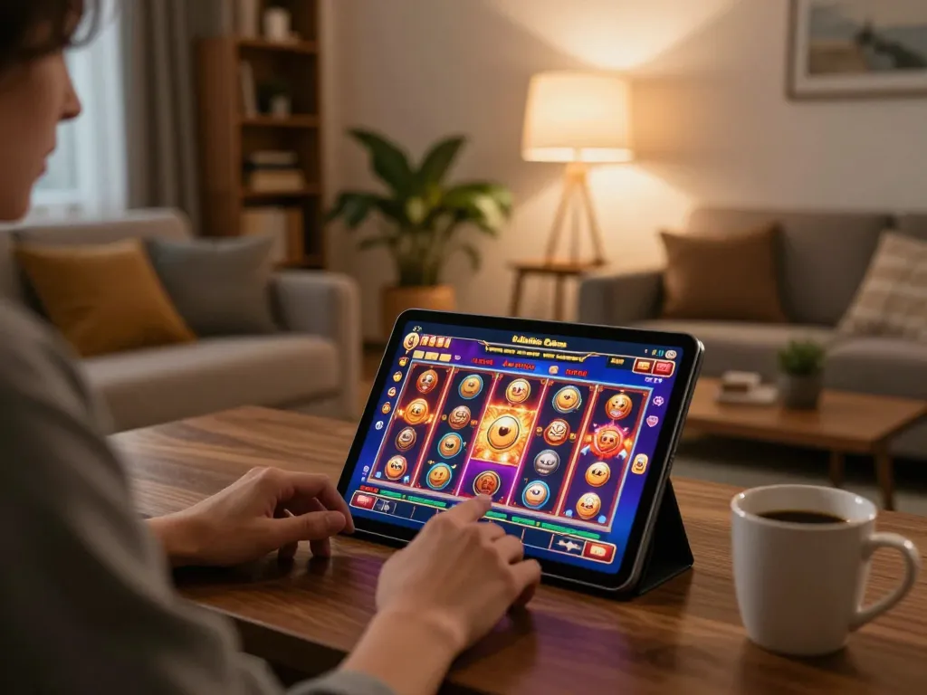 Engaging home gaming scene showcasing nhà cái HM88 with a vibrant tablet slot game interface