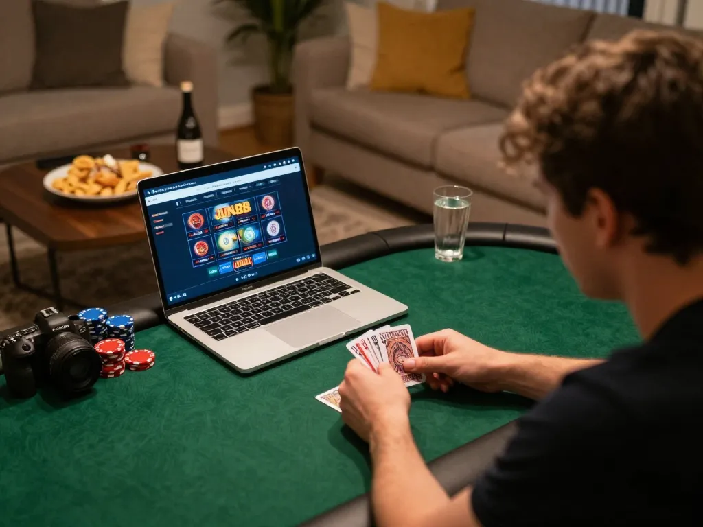 Player strategies in an online poker game at JUN88, cozy home setting with snacks.