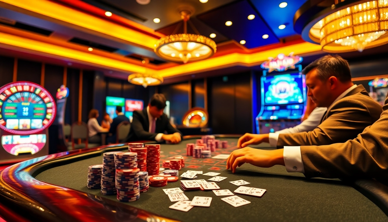 Players enjoying an exciting poker game at NOHU90 casino, showcasing strategic betting and a lively atmosphere.