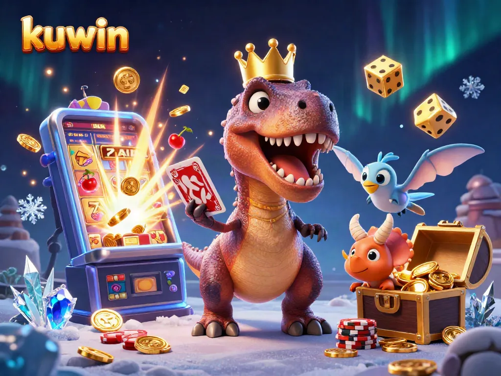 Experience the excitement of kuwin with T-Rex, pterodactyl, and triceratops in a vibrant casino scene.
