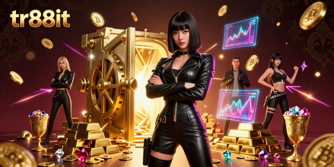 Experience thrilling gaming action at tr88it with a stunning Asian woman in a black leather outfit, surrounded by gold and Bitcoin.