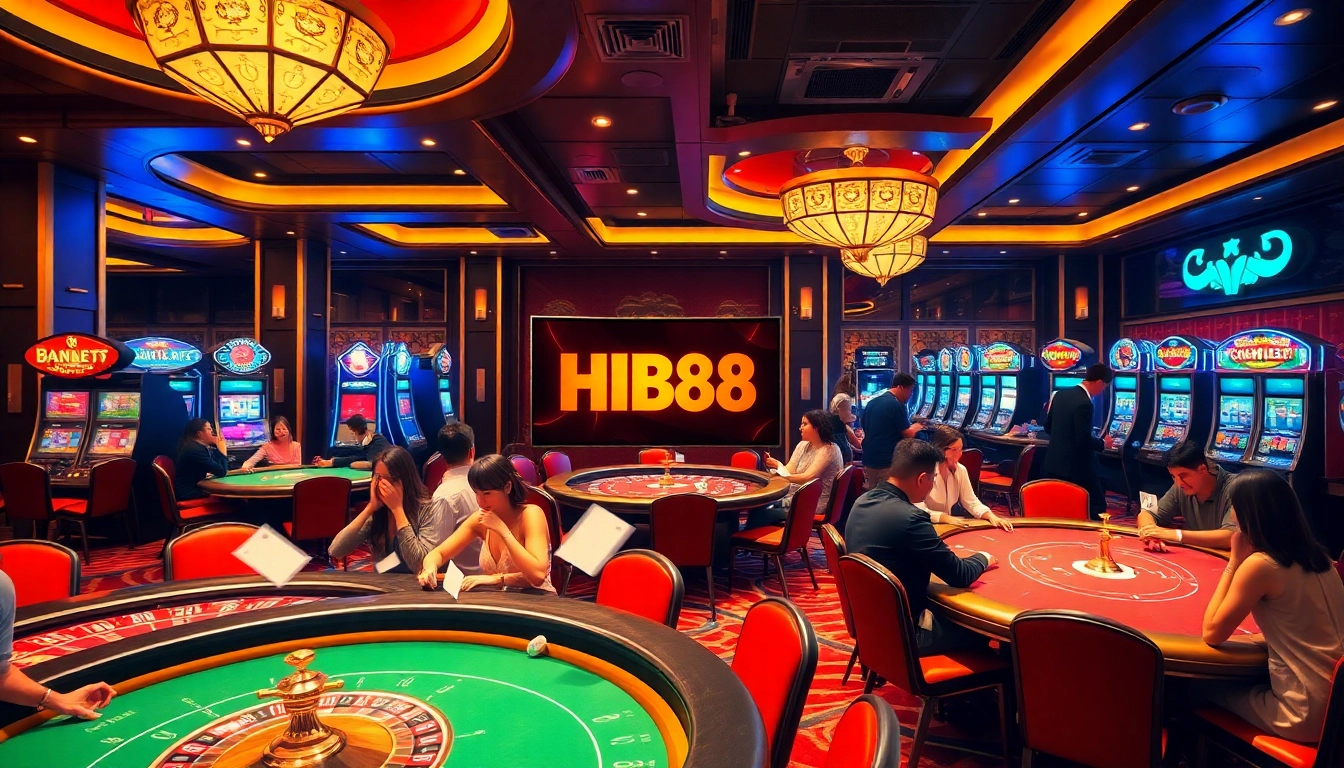 Exciting gambling action at HB88 clinic casino with players engaged at tables.
