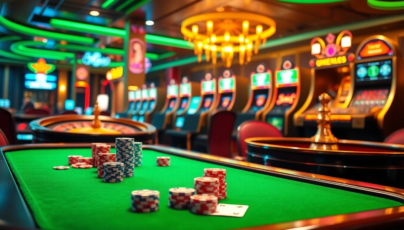 Experience thrilling action at https://mint88.one/ with vibrant casino visuals, including poker chips and roulette wheels.