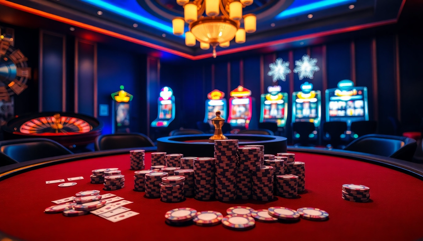 Exciting gaming atmosphere showcasing nhà cái 8kbet with poker, chips, and roulette table.