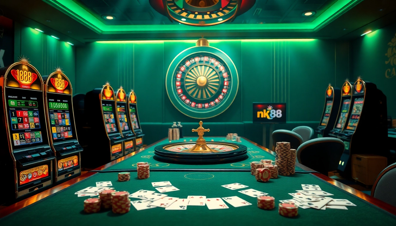 Engaged players at the nk88 casino table, showcasing an exciting gaming experience with vibrant slot machines.