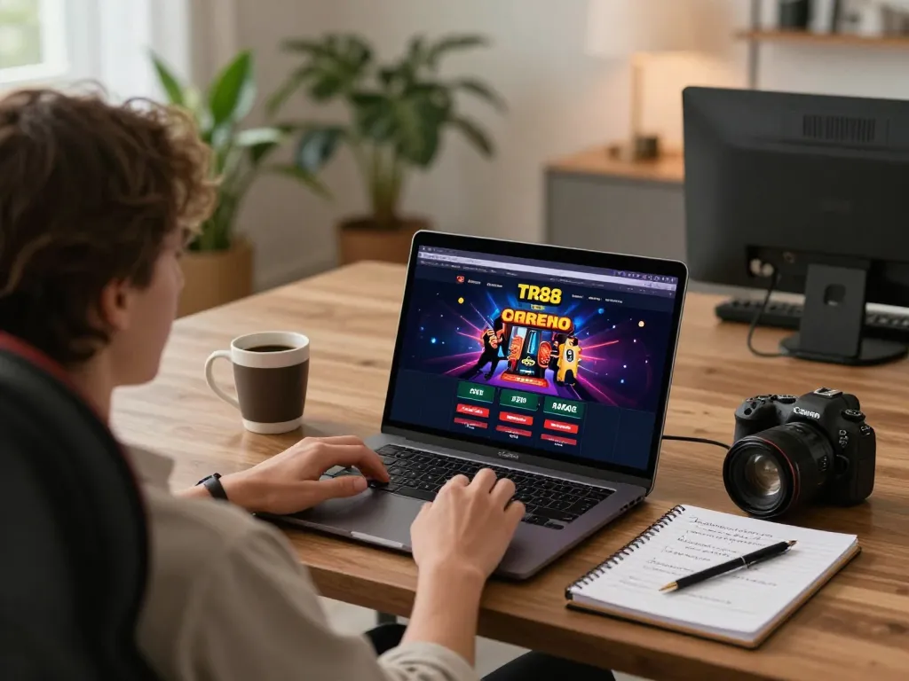 Person strategizing on TR88 online casino game on laptop in a cozy home setting
