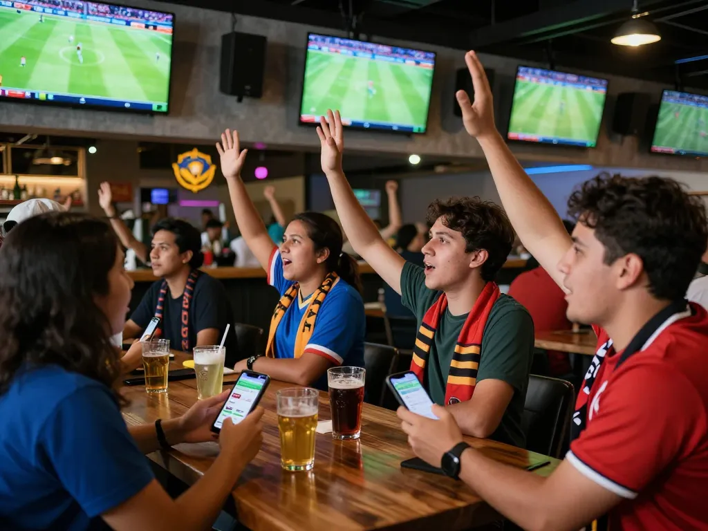 Fans engaged in sports betting at a lively bar, excitement around keo nha cai football matches.