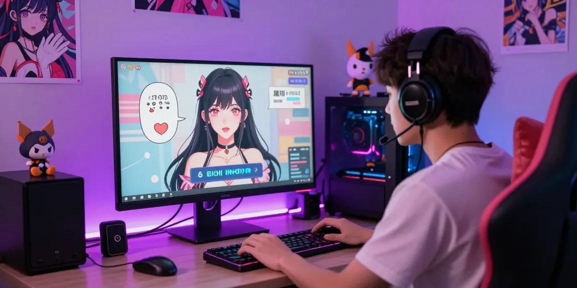Engaging user interacting with ecchi chat AI character in vibrant gaming setup.